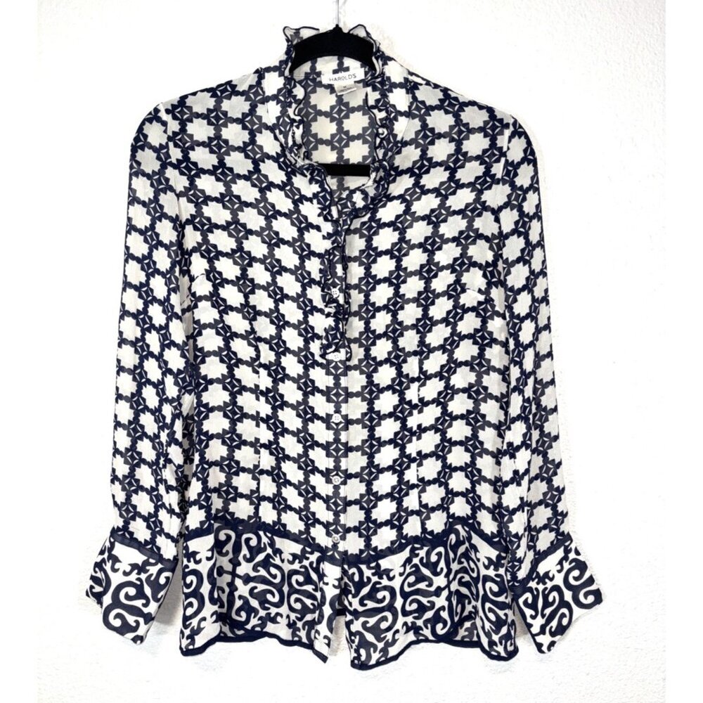 HAROLD’S Silk Ruffle Blouse M Beige Blue High Neck Button Down Print Top